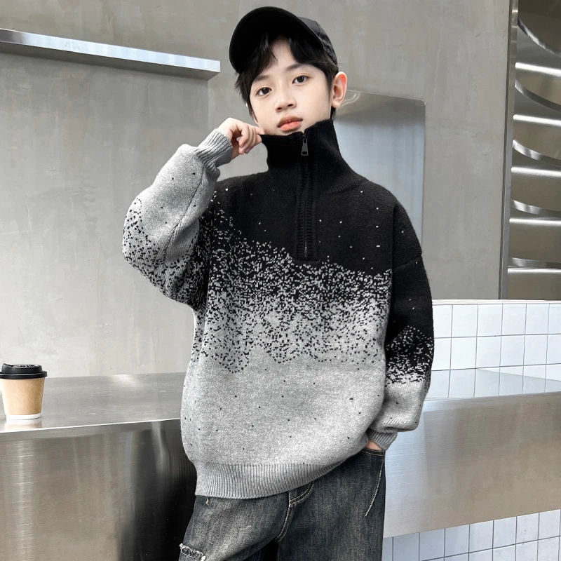 男童毛衣秋冬高领中大童毛衣2025新款儿童男孩冬季针织衫套头