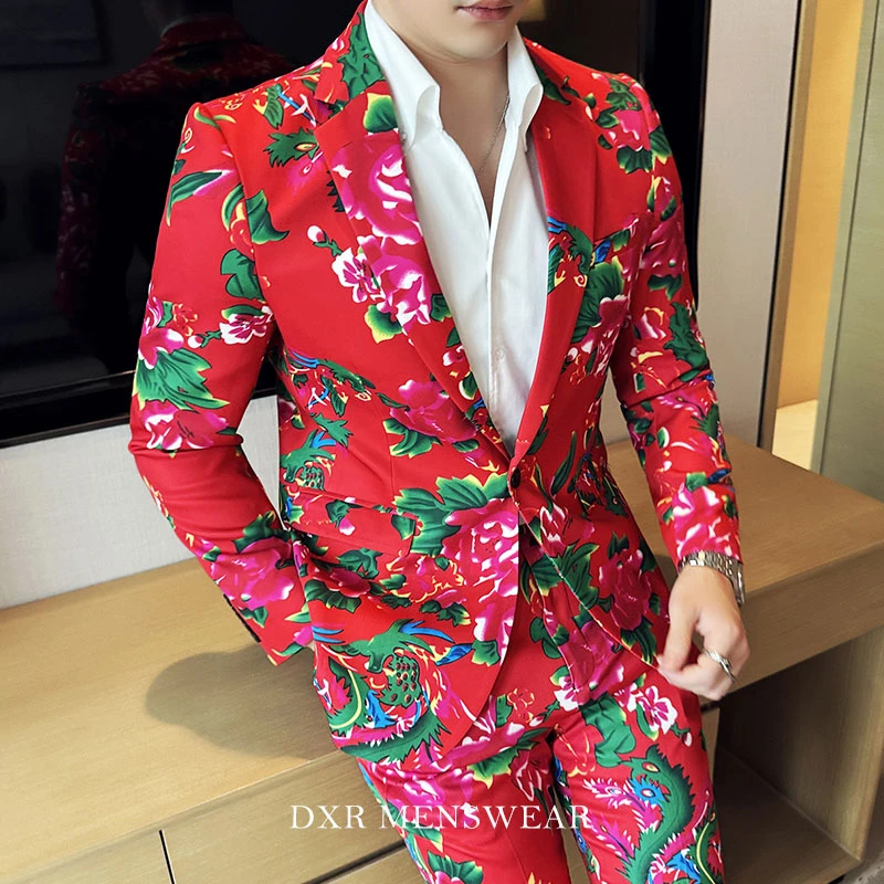 DXR东北大红花西服男春夏新款时尚潮流帅气个性修身休闲西装套装