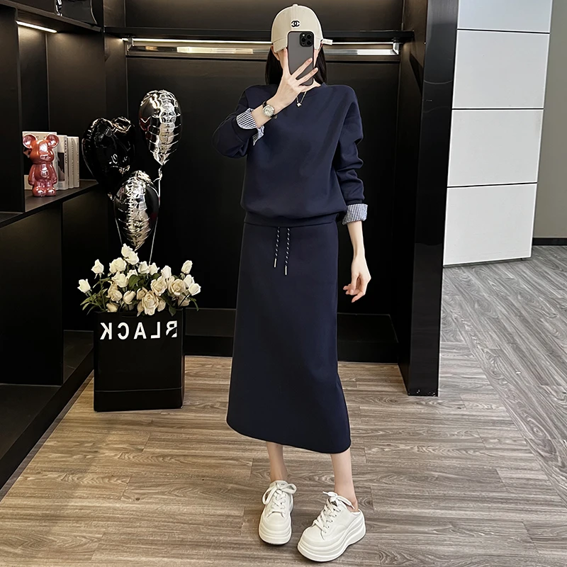 韩里韩气休闲运动套装女装2025春季气质洋气蓝色卫衣半身裙两件套