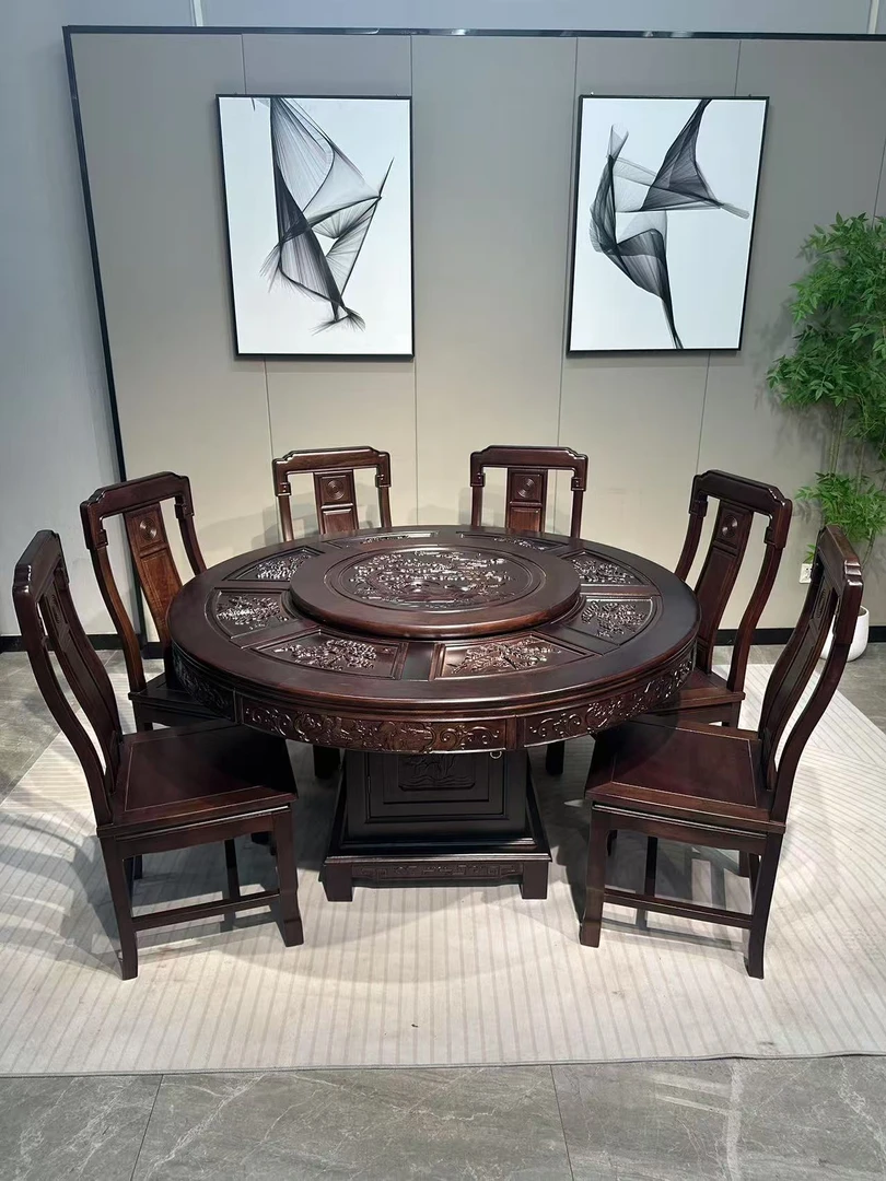 【迎客松】全实木带转盘餐厅成套家具圆台实木家具餐桌椅【标配餐椅】