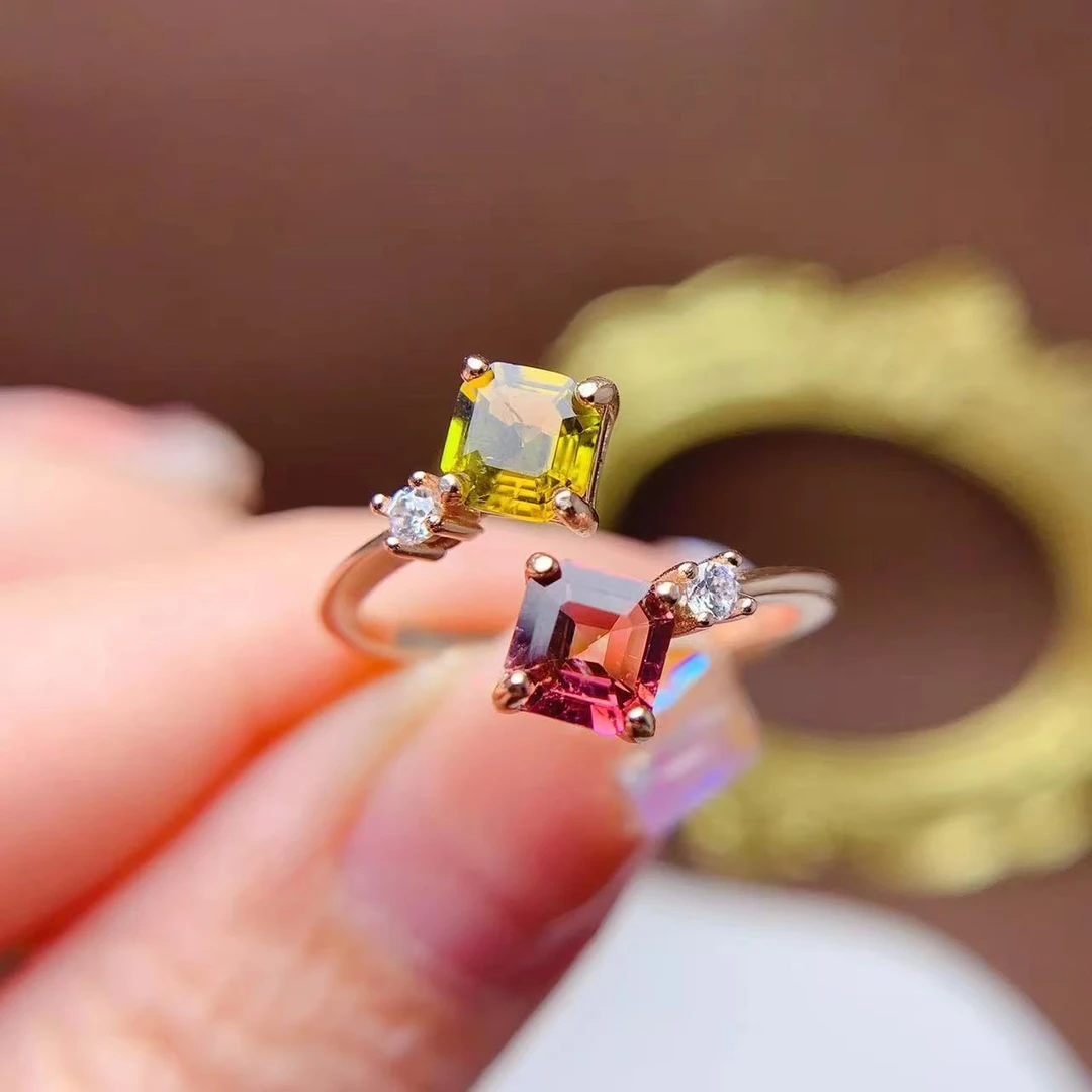 天然碧玺双石款方阿斯切全净体925银镶嵌开口戒指时尚轻奢简约