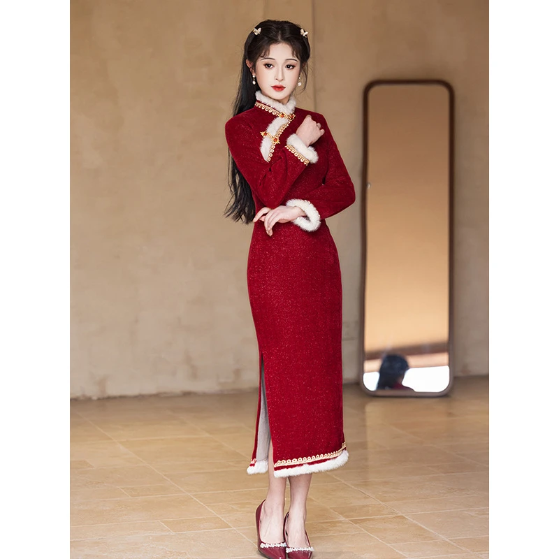 红色旗袍敬酒服新娘秋冬季加绒加厚新中式订婚礼服新年过年拜年服