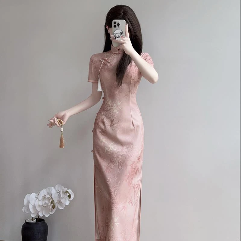 粉色订婚日常穿旗袍夏季少女新中式气质提花连衣裙2025新款小个子