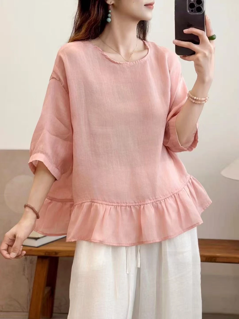 100%纯苎麻韩版夏季圆领收腰褶皱苎麻衬衫简约百搭小众显瘦A886