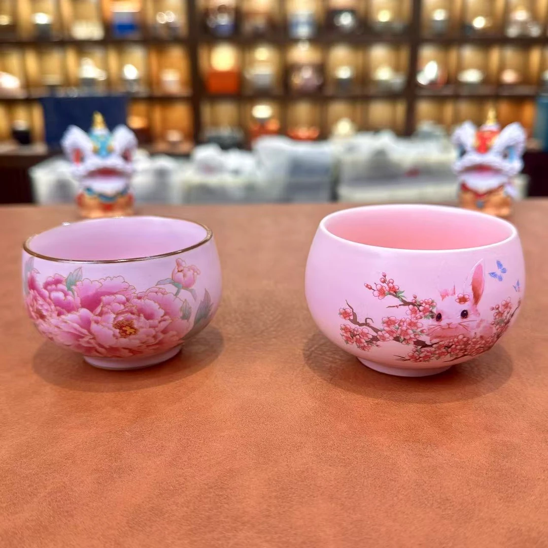KZH0062-粉泥紫砂小兔主人杯+粉色牡丹客杯