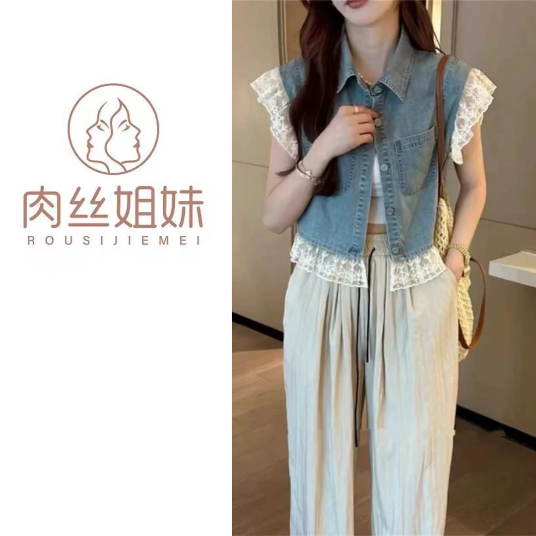 【肉总】欧货重工设计感蕾丝拼接牛仔马甲8506