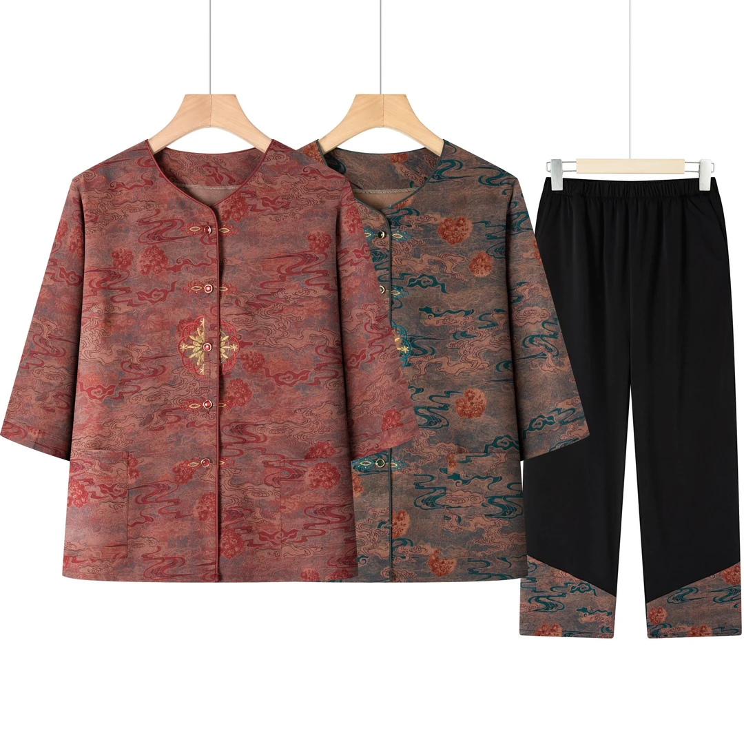 奶奶夏装七分袖衬衫中老年妈妈装唐装舒适套装女气质大码长袖夏季