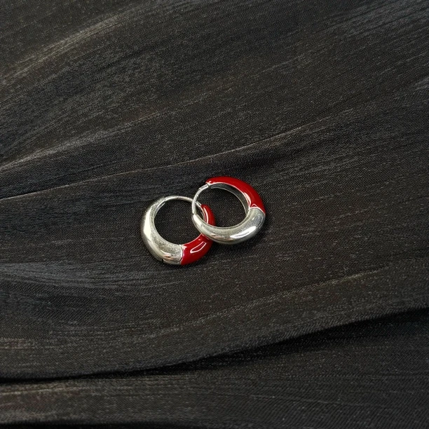 925银耳饰 925银珐琅耳饰 新年红银拼接圆耳扣