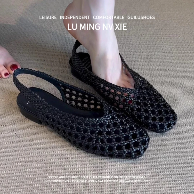 羊皮版~法式复古风编织镂空包头凉鞋女新款气质百搭后绊带罗马鞋