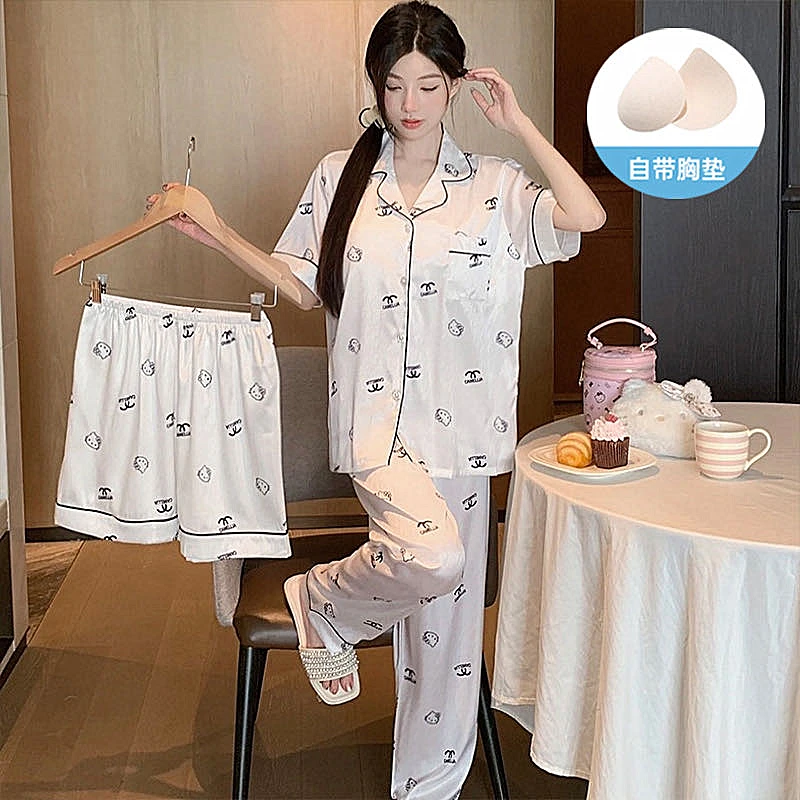 夏季睡衣女款爆款2025新款冰丝薄款带胸垫三件套家居服高级感轻奢