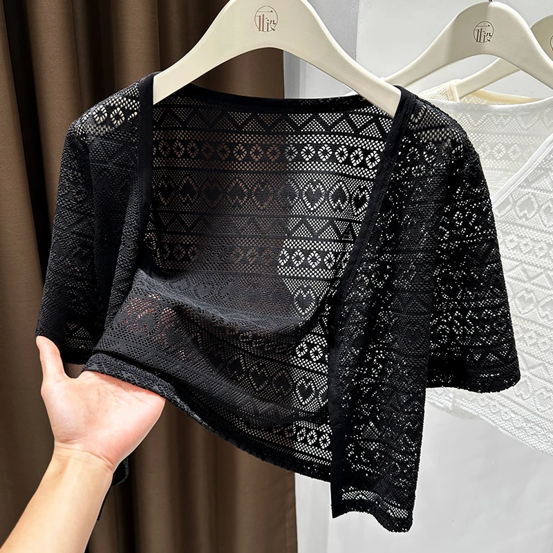 黑色镂空防晒衣小开衫薄款女配吊带裙外搭罩衫夏季披肩上衣短外套