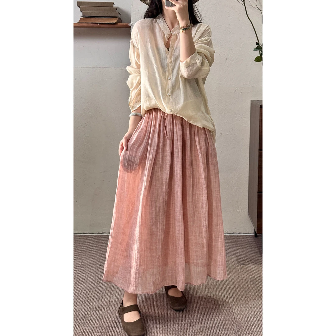 走读生春夏新款稀疏扎染亚麻细带松紧腰大摆双层半身裙女