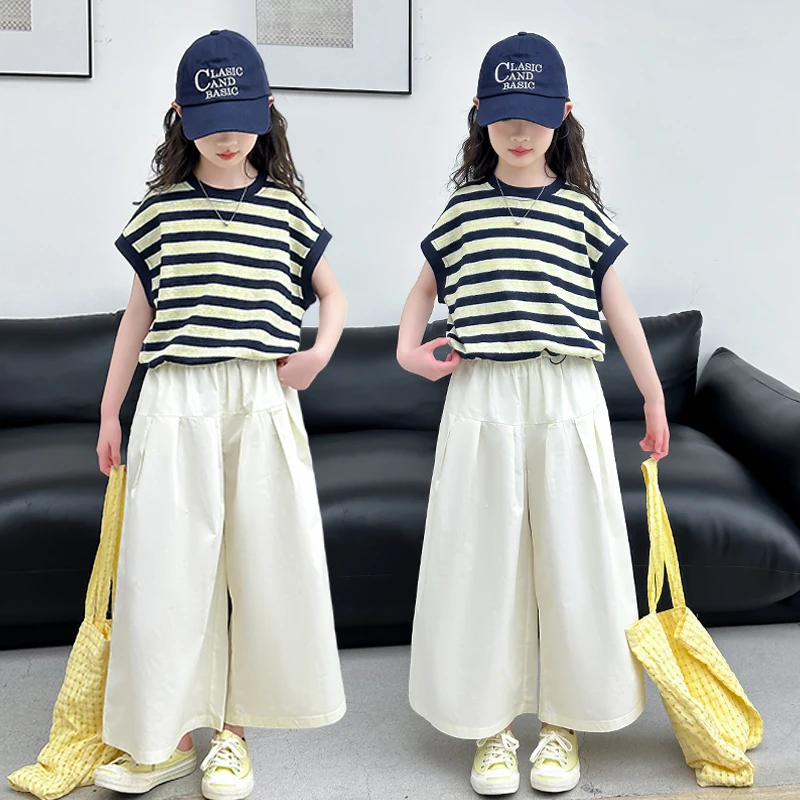女童套装时尚夏装2025新款中大儿童洋气条纹短袖T恤阔腿裤两件套