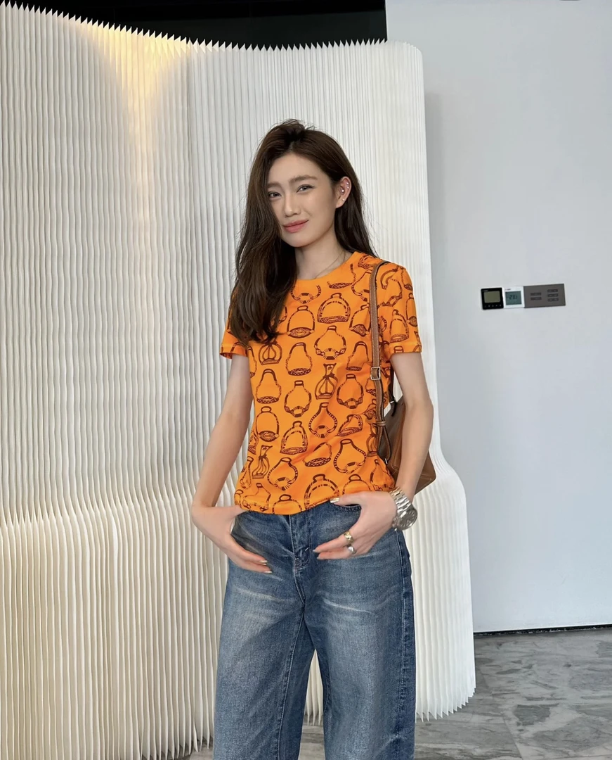 99新 Hermes/爱马仕 爱马仕橙印花短袖 38码 GM001900