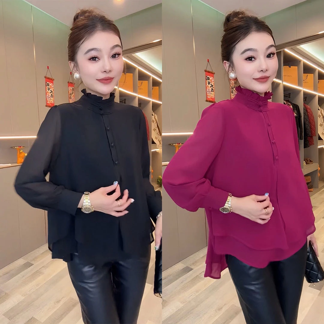 欧洲站2025春季新款立领盘扣爆款衬衫女气质长袖打底双层拼接上衣