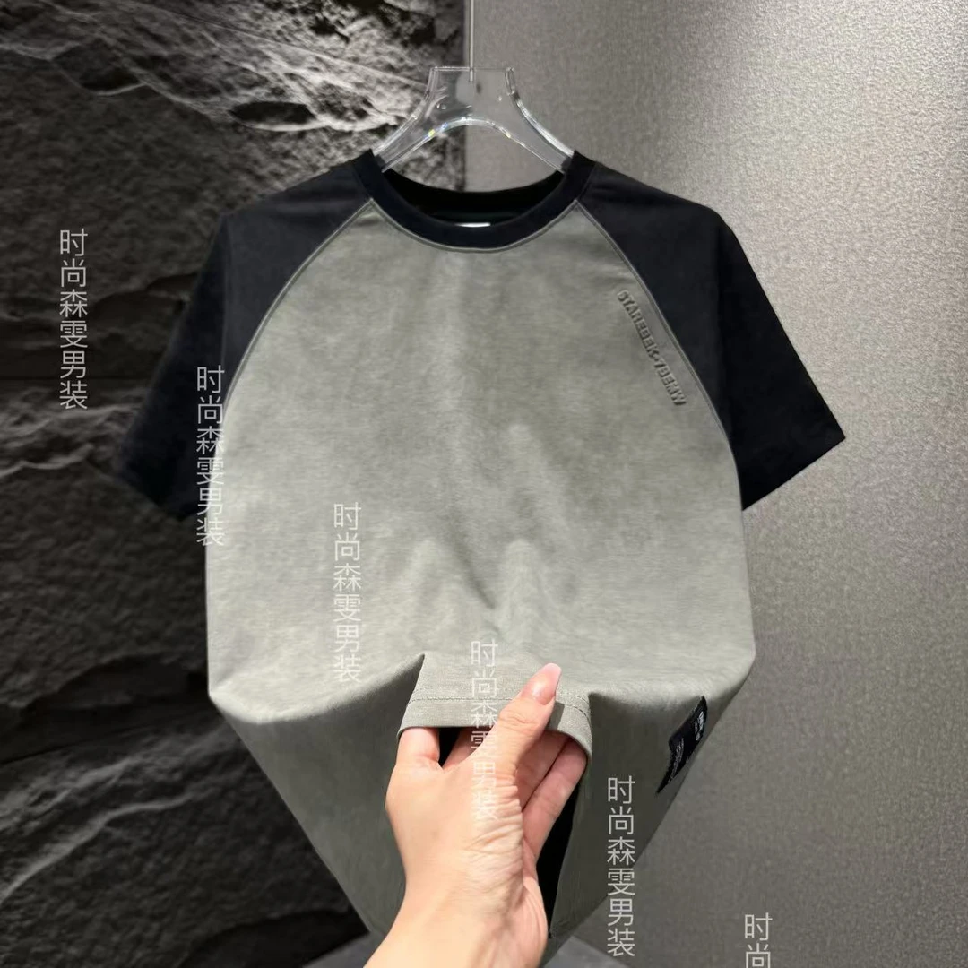 春夏男士扎染拼接潮流立体钢印字母半袖5906