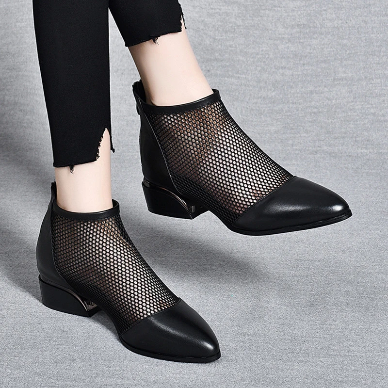 凉靴女粗跟百搭鞋2025年春夏新款网纱女鞋尖头镂空单鞋女中跟凉鞋