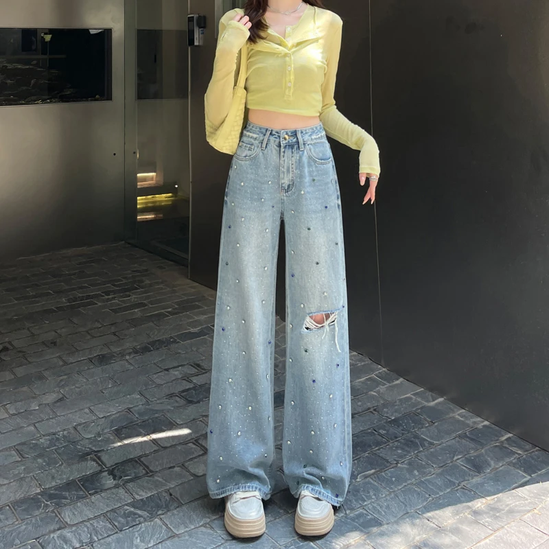 重工烫钻破洞直筒牛仔长裤女秋季新款欧货辣妹窄版显瘦阔腿拖地裤