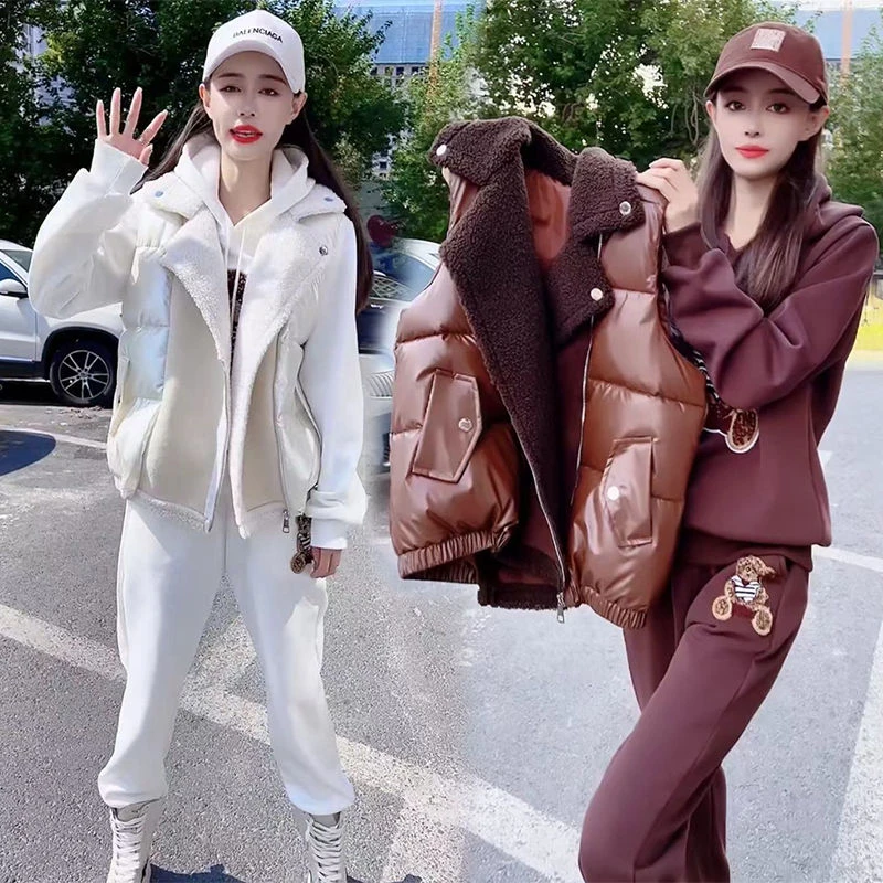 2025女冬季新款棉服马甲加绒卫衣卫裤三件套运动时尚套装加厚爆款