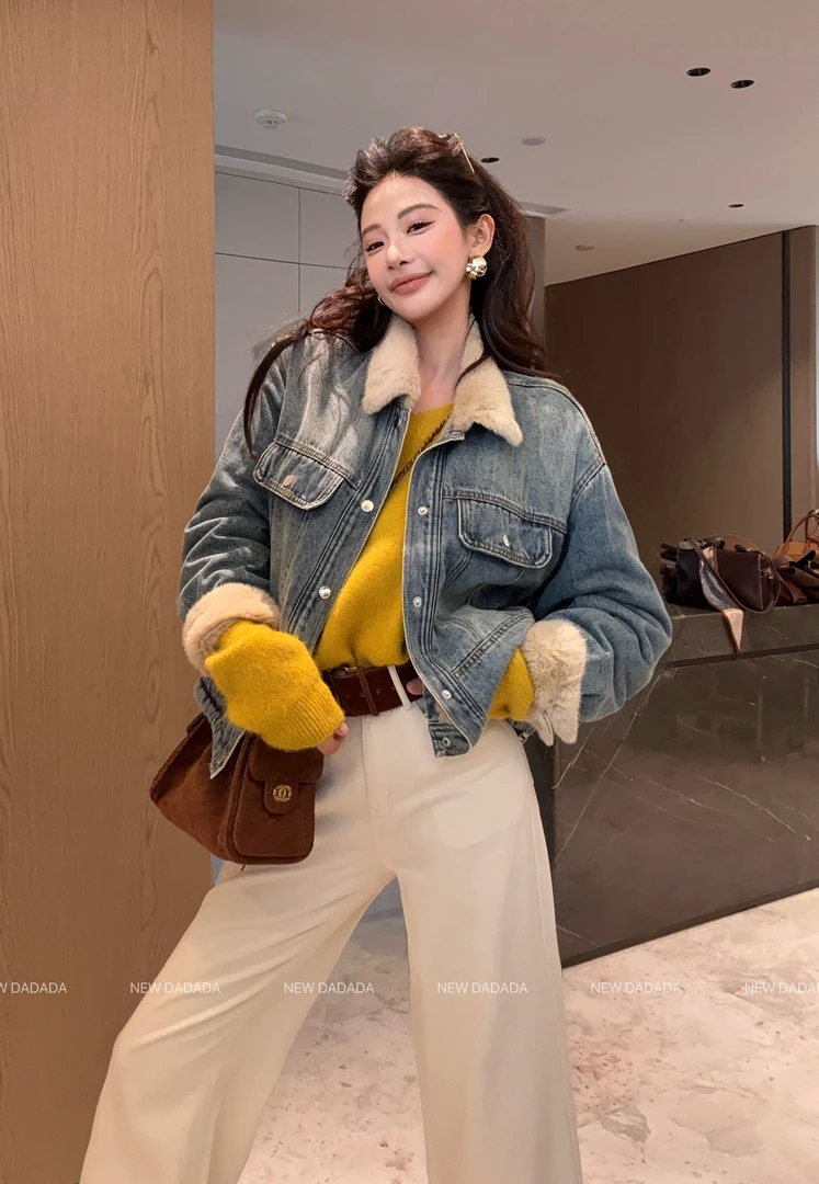 利达 NEW DADADA 秋冬复古加绒牛仔外套女毛绒领袖口夹克DHM2523