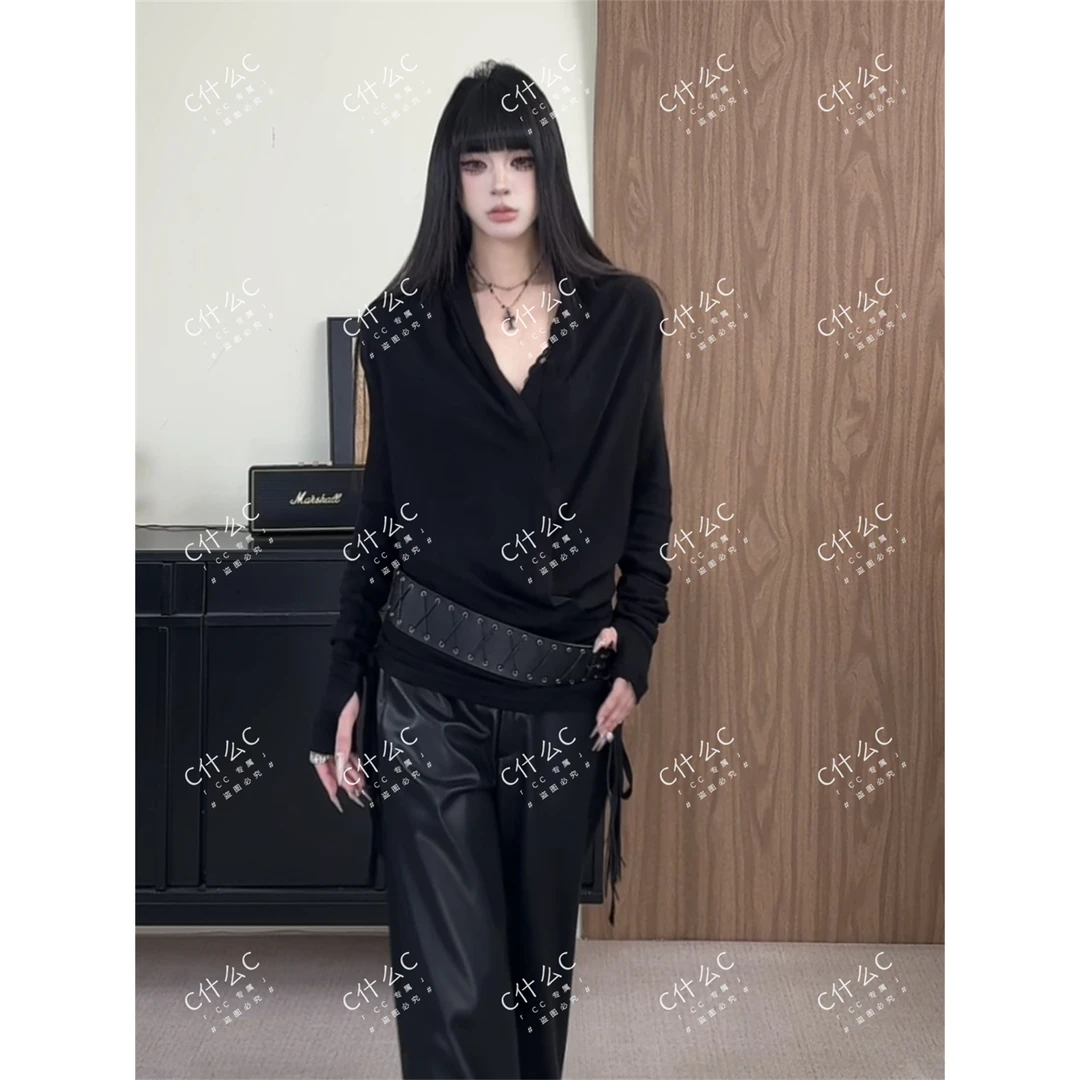 Cc【黑暗荣耀】交叉荡领针织两穿长袖连衣裙女显瘦上衣可调节裙长