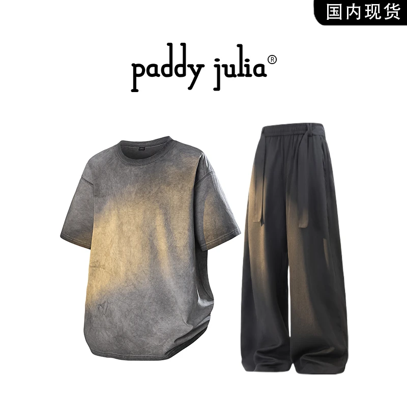 Paddy julia复古扎染短袖t恤男士夏季薄款水洗做旧休闲直筒垂感裤
