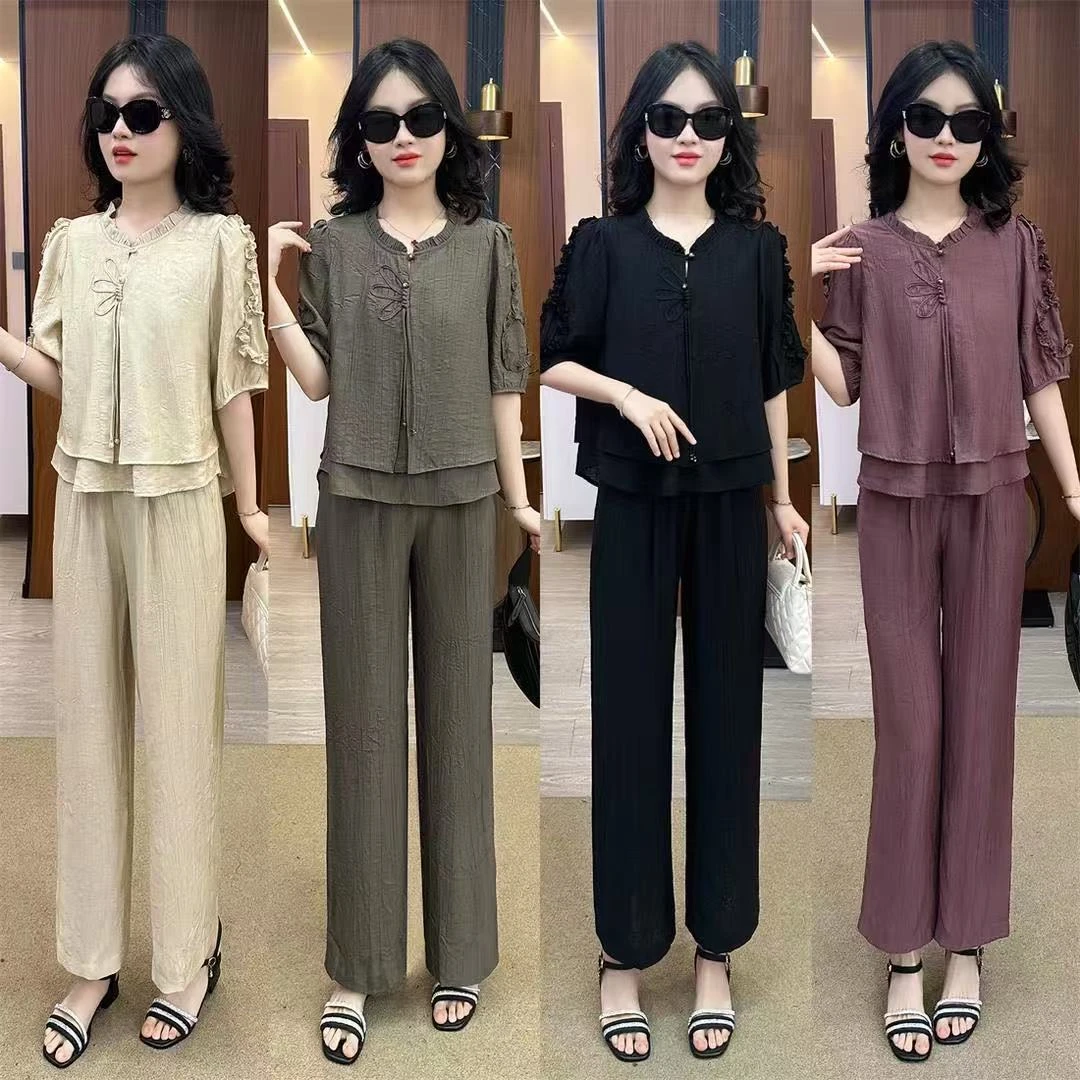 时尚套装女2025夏季新款洋气质显瘦假两件盘扣上衣阔腿裤两件套潮