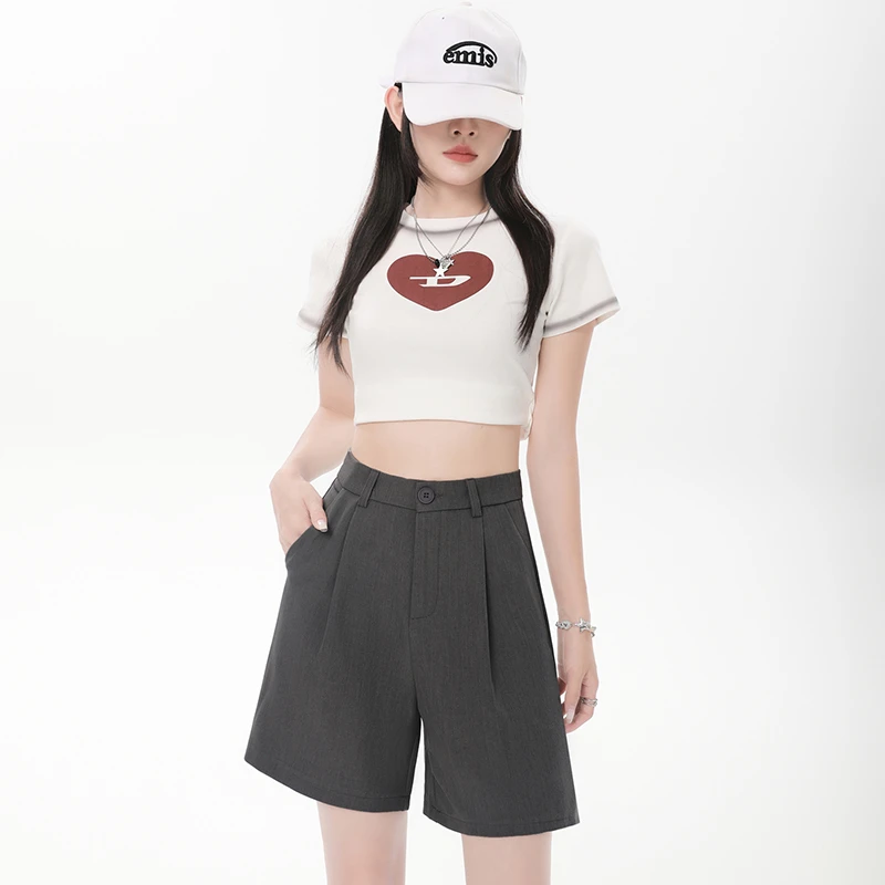 百搭显瘦灰色西装短裤女2025年夏季新款裤子阔腿裤高腰五分裤薄款