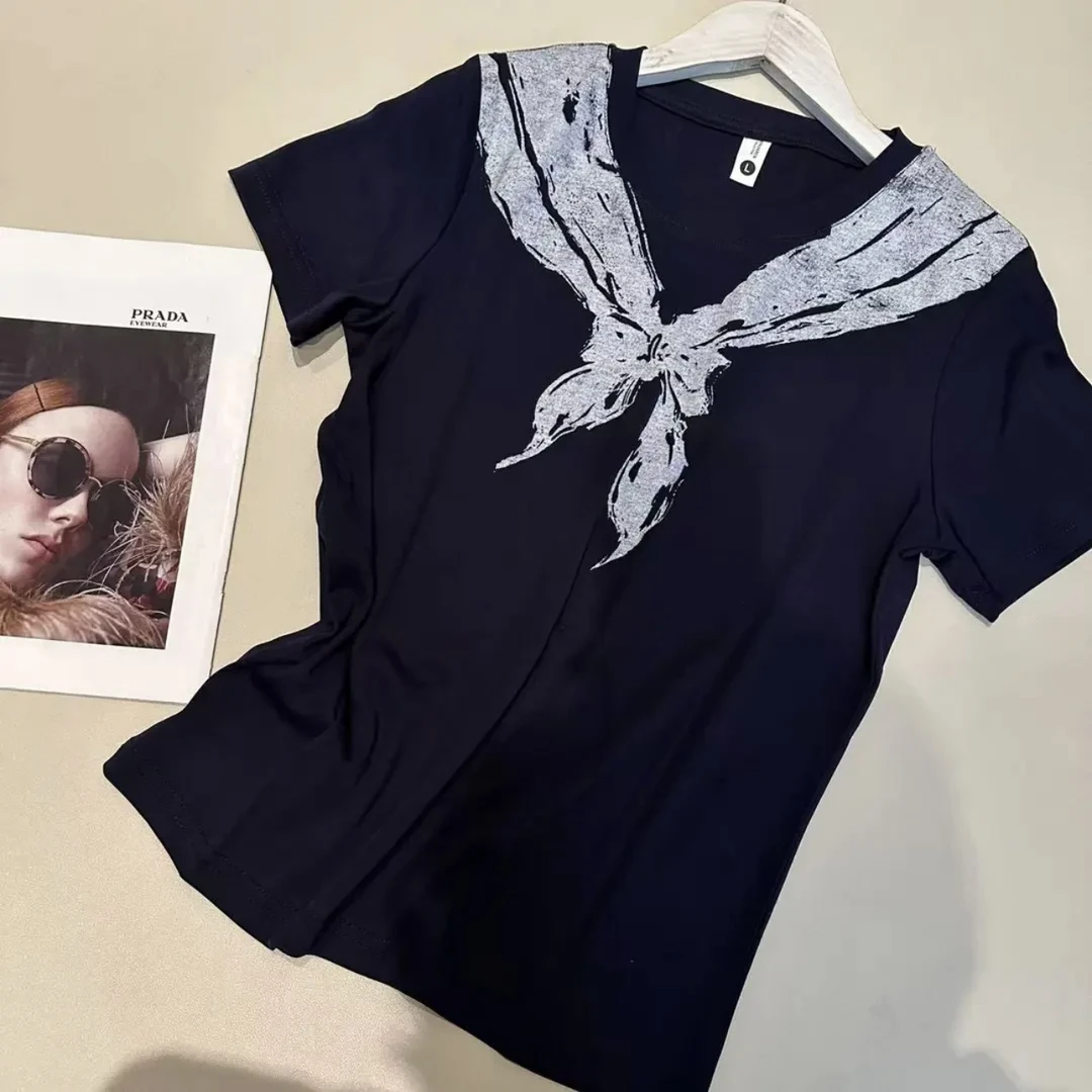 纯色短袖印花刺绣常规圆领T恤夏季套装老钱风风