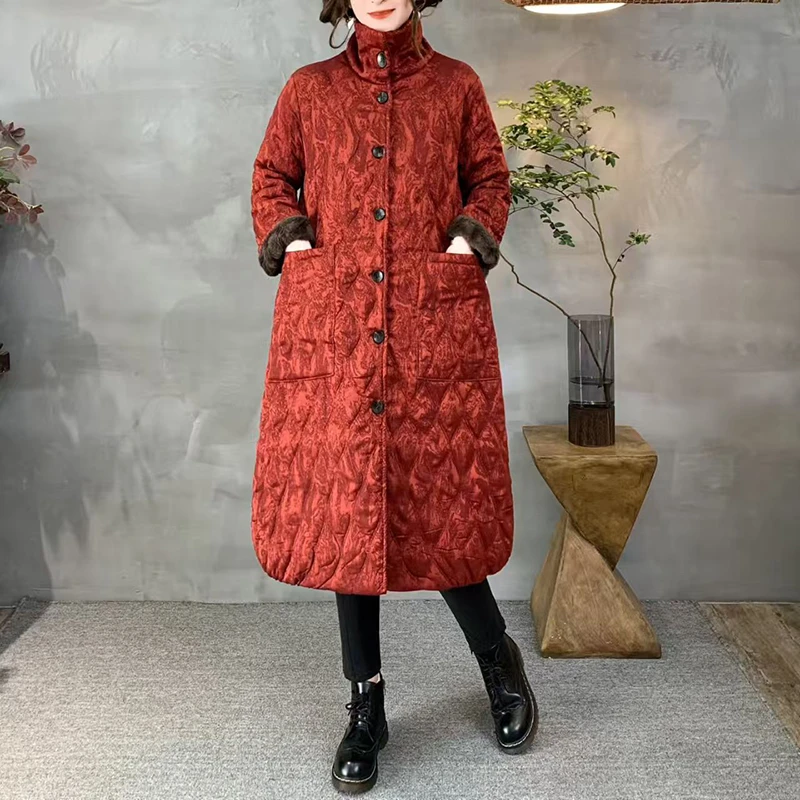 冬季长款立领压花棉衣加绒加厚棉服女提花大衣中国风洋气保暖外套