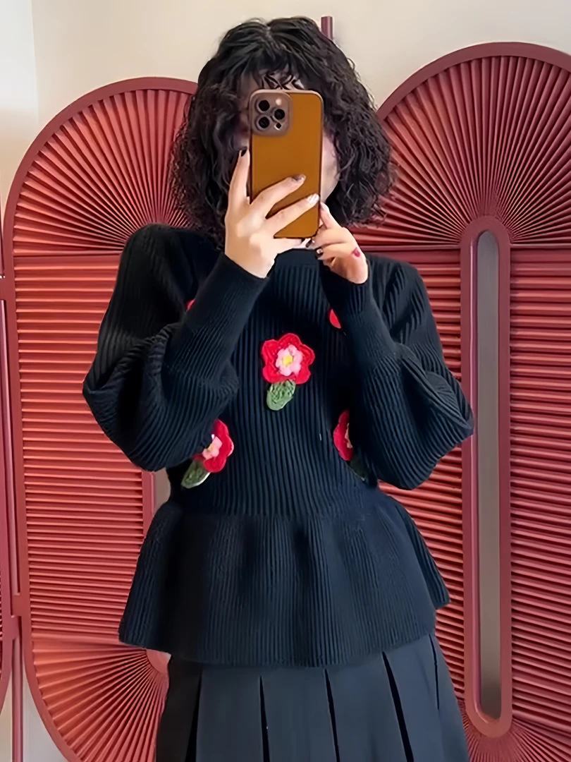 韩版慵懒风显瘦花朵针织衫女冬季时髦复古减龄时尚百搭气质毛衣潮