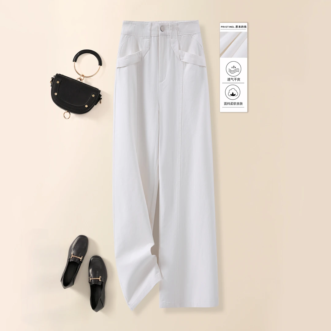 设计师自留款 纯棉本白色水洗棉休闲裤柔软透气亲肤直筒裤百搭
