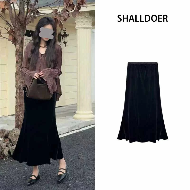 【鱼尾丝绒裙】设计感显瘦黑色半身裙