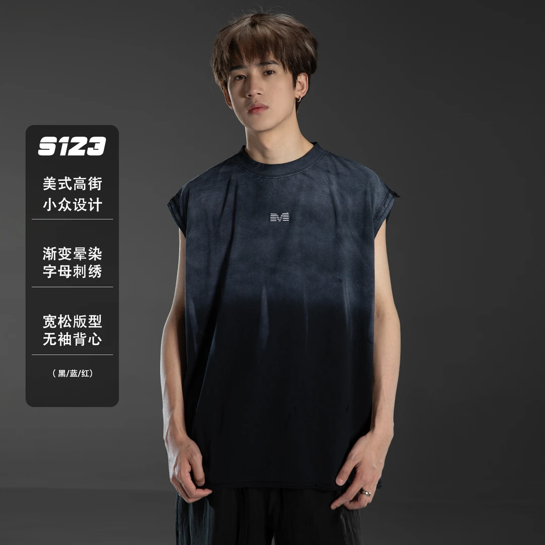 S123 美式复古水洗做旧渐变无袖t恤男字母刺绣运动坎肩背心上衣潮