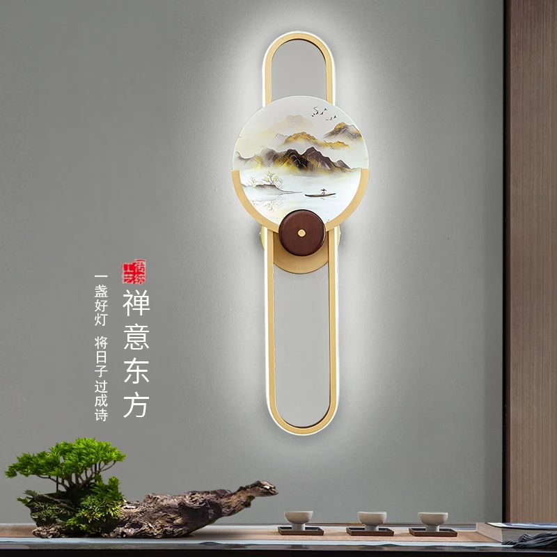 新中式实木壁灯全铜大气圆形客厅背景墙灯禅意中国风卧室床头灯