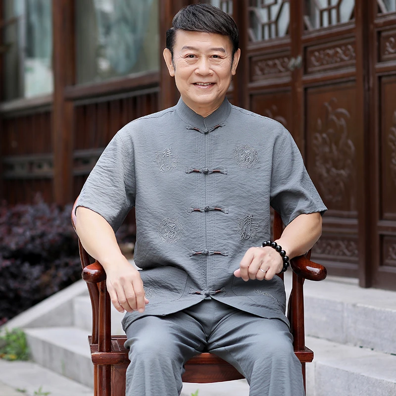 唐装男中老年爸爸夏装套装中国风爷爷夏季短袖老年人衣服男士70岁