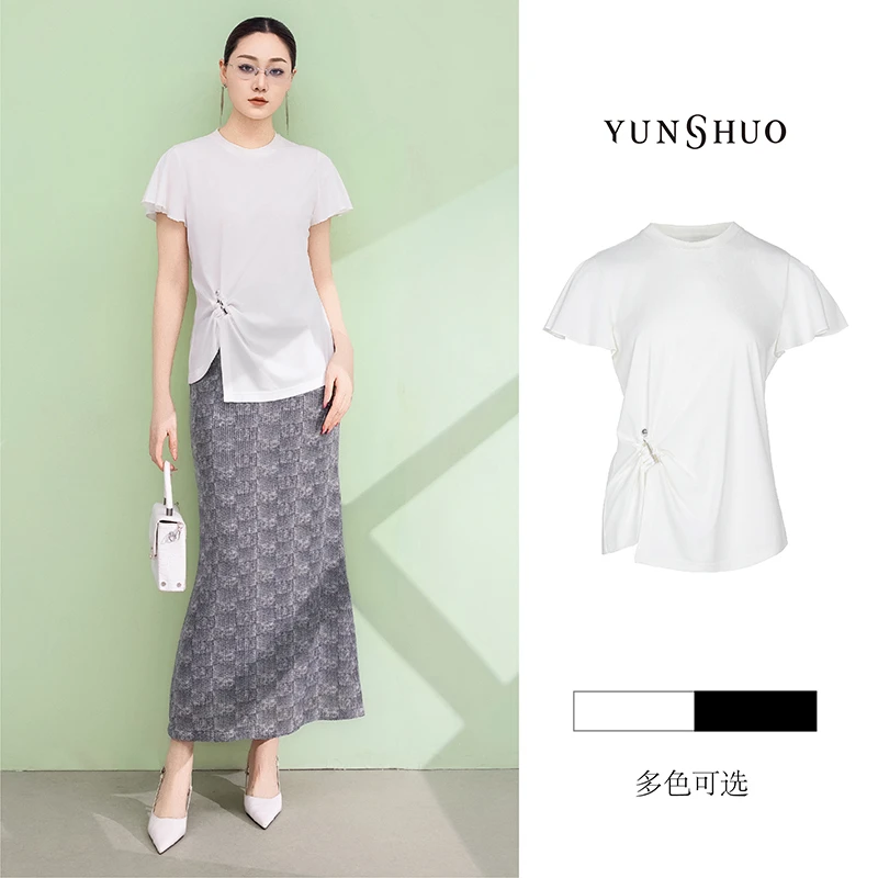 允硕夏季新品时尚百搭女装圆领欧若风收腰简约飞袖T恤上衣325353