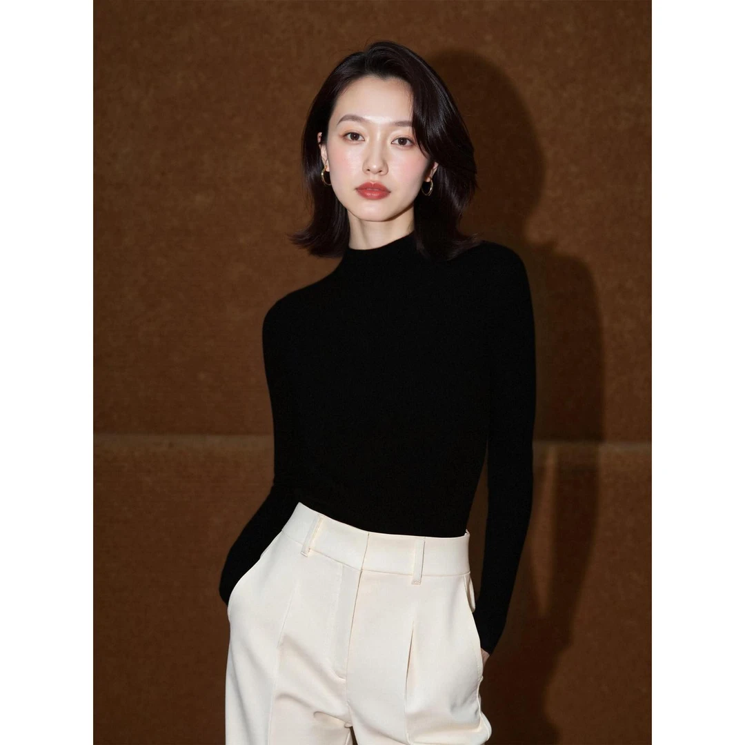 Basic House/百家好黑色半高领长袖含羊毛针织衫女2025秋冬打底衫