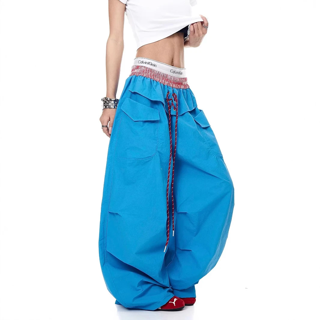 【Rich】美式复古拼接撞色抽绳个性褶皱拼接阔腿裤女多巴胺休闲嘻哈