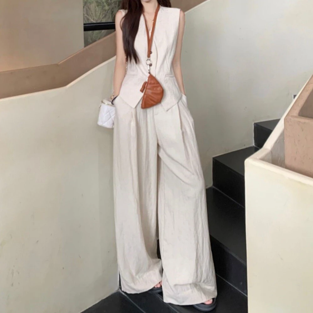 韩系新款时尚套装气质单排扣马甲背心女夏季垂感高腰阔腿裤两件套