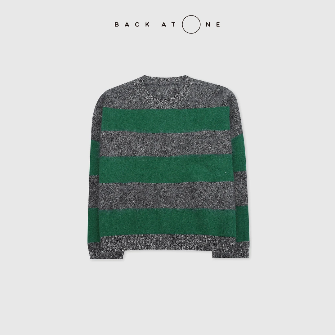 BACKATONE“松绿静语” 复古羊毛拉绒宽条纹针织衫 BFF-1AB041H-K