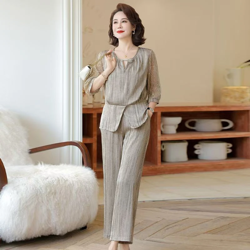 时尚中老年女装云丝缎中年女装女装长裤春秋阔腿裤条纹夏季