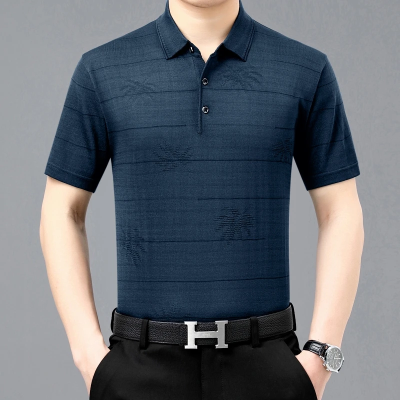 夏季中年男士短袖t恤冰丝爸爸装半袖体恤衫条纹宽松中老年男装T恤