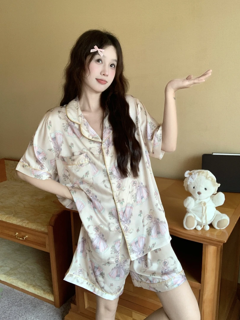 大码冰丝睡衣女夏季清凉透气冰感短袖短裤宽松可爱印花加肥家居服