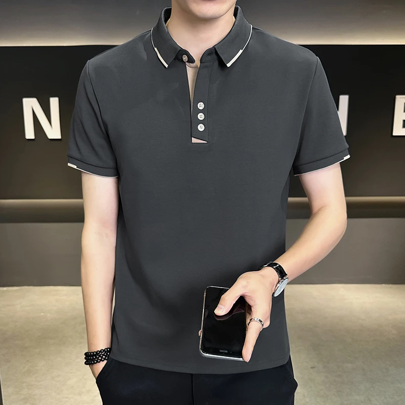 Romon/罗蒙夏季薄款撞色短袖Polo衫男修身百搭薄款商务翻领短袖