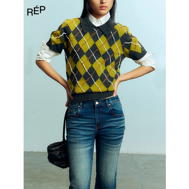 JUNWEILIN草绿灰/深紫绿菱格纹毛织POLO 25FW（NO退支持换码换款）