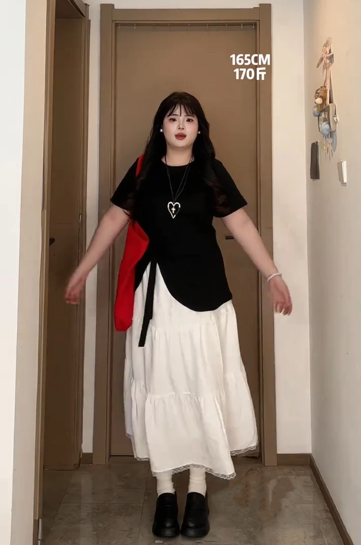 大码黑色短袖上衣半身裙两件套