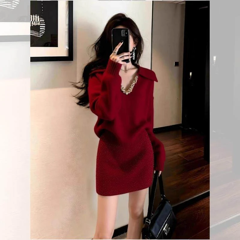 2025秋冬季新款女士超好看时尚气质漂亮V领针织衫半身裙两件套装