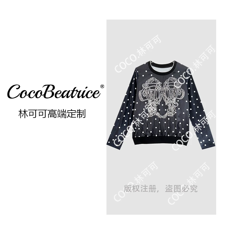 【COCO林可可】"天使马鞍‘’桑蚕丝烫钻印花拼接丝绒长袖卫衣秋冬女