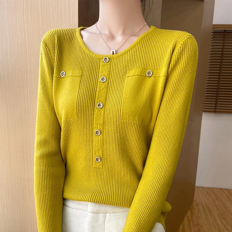 高级感春秋新款圆领打底衫女修身内搭假兜洋气毛衣针织上衣假开衫